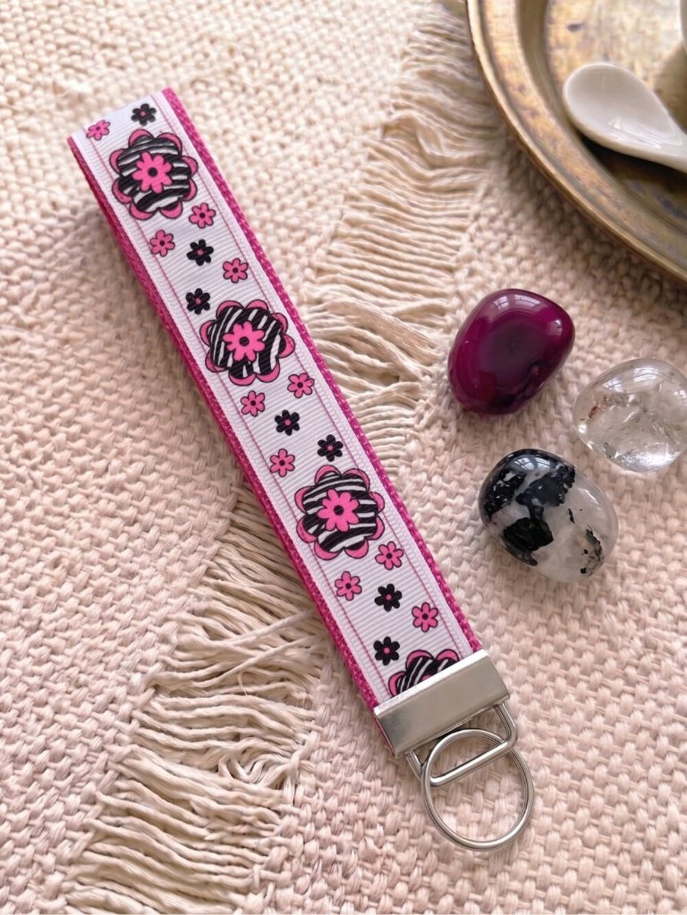 New Handmade Hot Pink Floral Zebra Stripe Ribbon Key Fob Wristlet Keychain